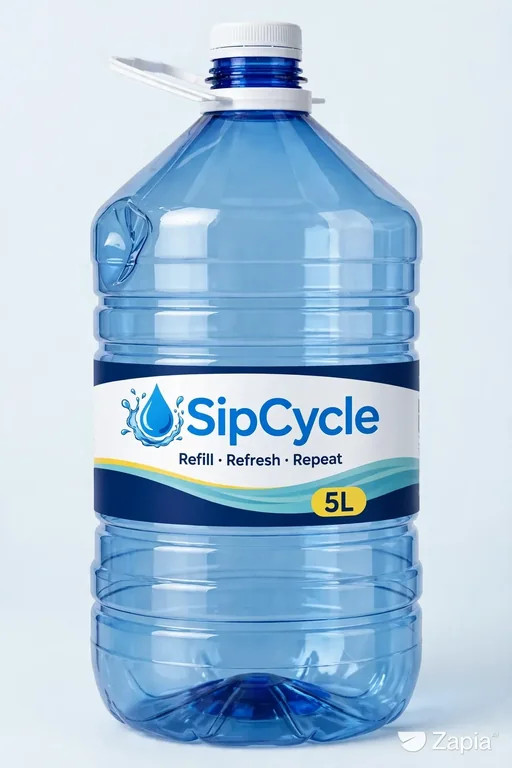 SipCycle-branded 5 litre bottle with blue, aqua and yellow label