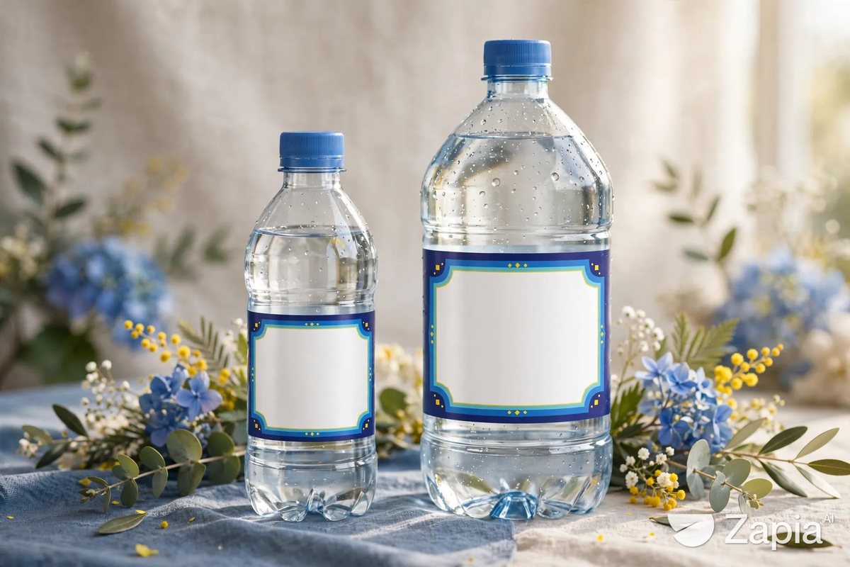 Illustrative mockup of 500 ml and 1 litre event water bottles with blank custom labels